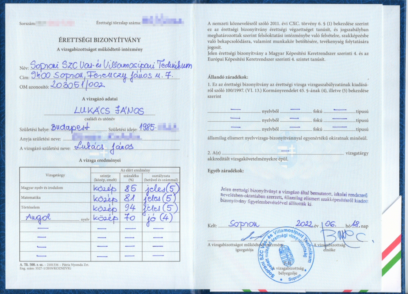 Érettségi bizonyítvány Érettségi bizonyítvány