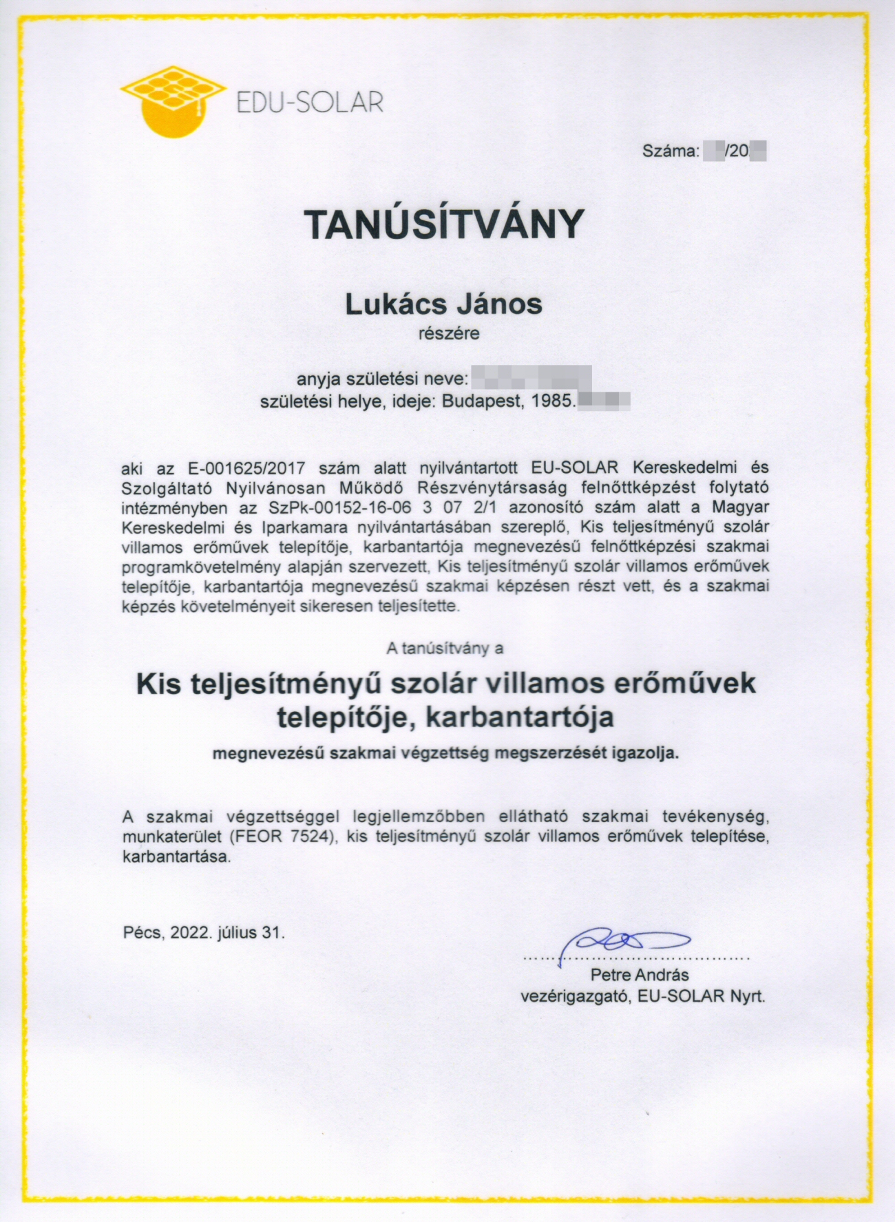 Szolár erőmű telepítő tanúsítvány Szolár erőmű telepítő tanúsítvány