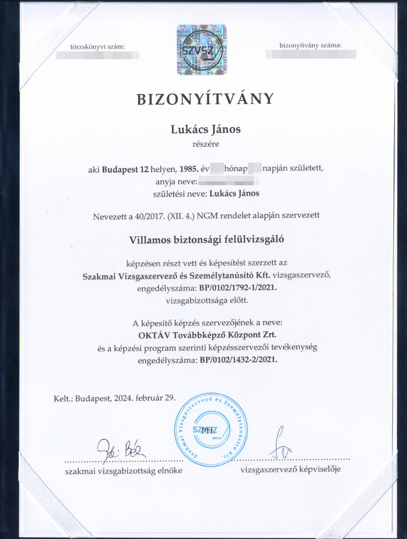 Villamos biztonsági felülvizsgáló bizonyítvány Villamos biztonsági felülvizsgáló bizonyítvány