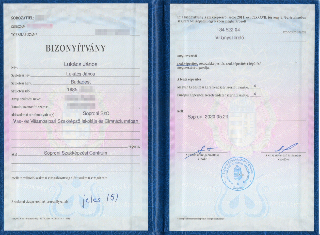 Villanyszerelő bizonyítvány Villanyszerelő bizonyítvány