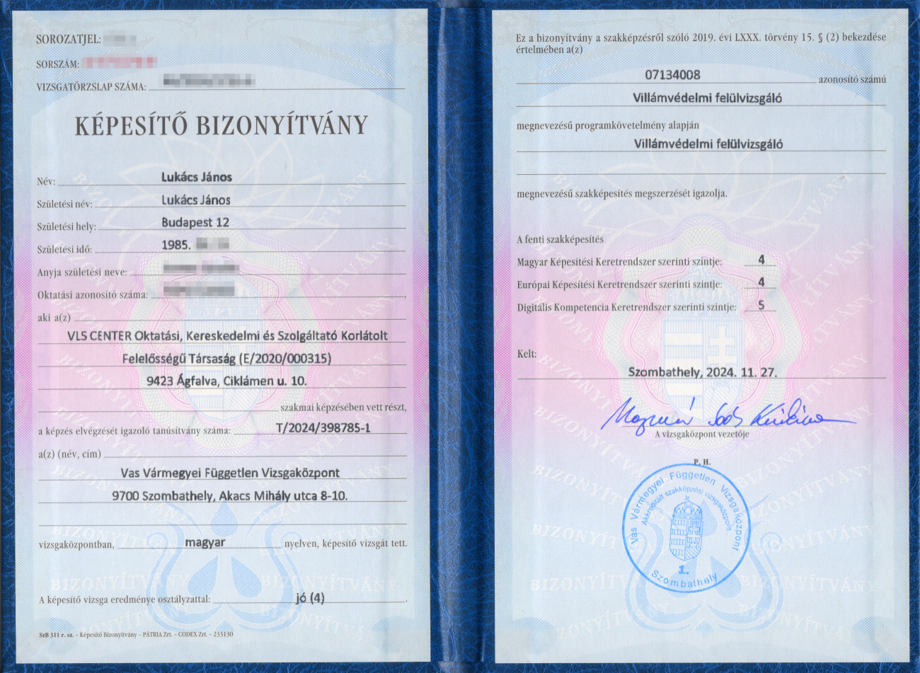 Villámvédelmi felülvizsgáló bizonyítvány Villámvédelmi felülvizsgáló bizonyítvány